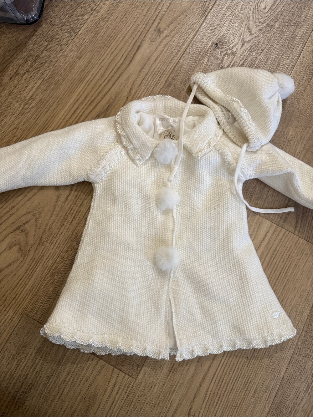 Mayoral Cream Knit Baby Coat with Pom Pom Hood